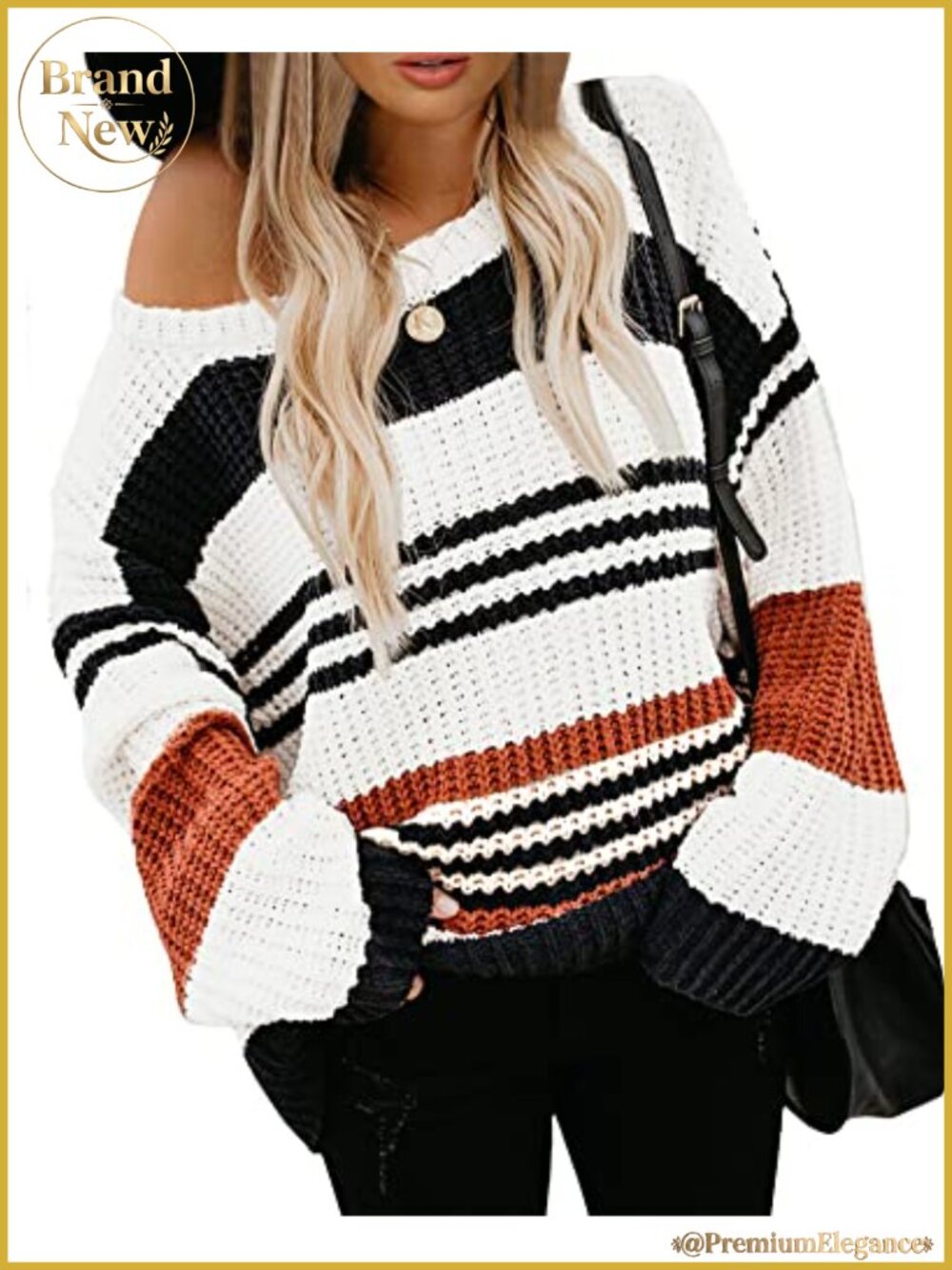 Striped Color Block Short Knit Sweater Long Sleeve Crew Neck Casual Loose